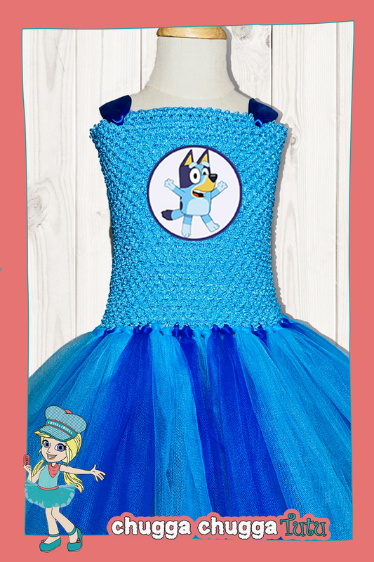 Bluey Tutu Party Dress with Turquoise Cotton Lined Stretchy Top Free 1st Class Shipping