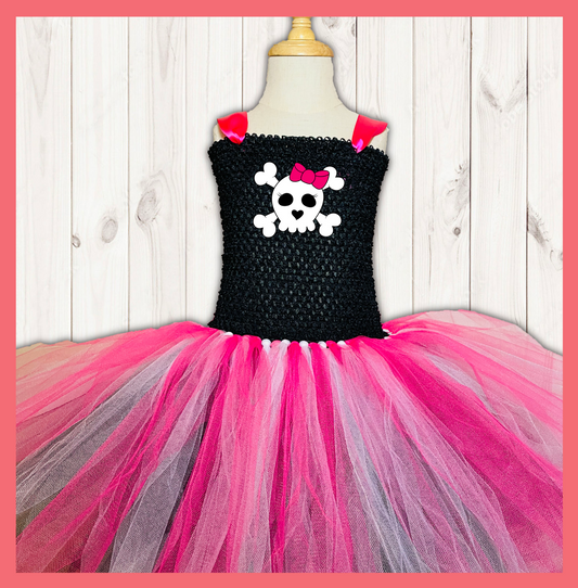 Skull & Cross Bones with a Bow Tutu Party Dress with a Cotton Lined Black Top