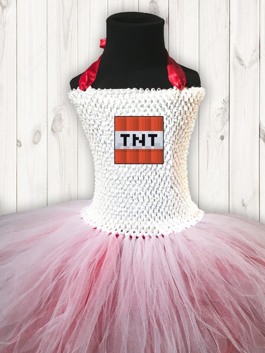 Minecraft TNT Halloween Costume Tutu Party Dress w/ Cotton Lined Stretchy Top